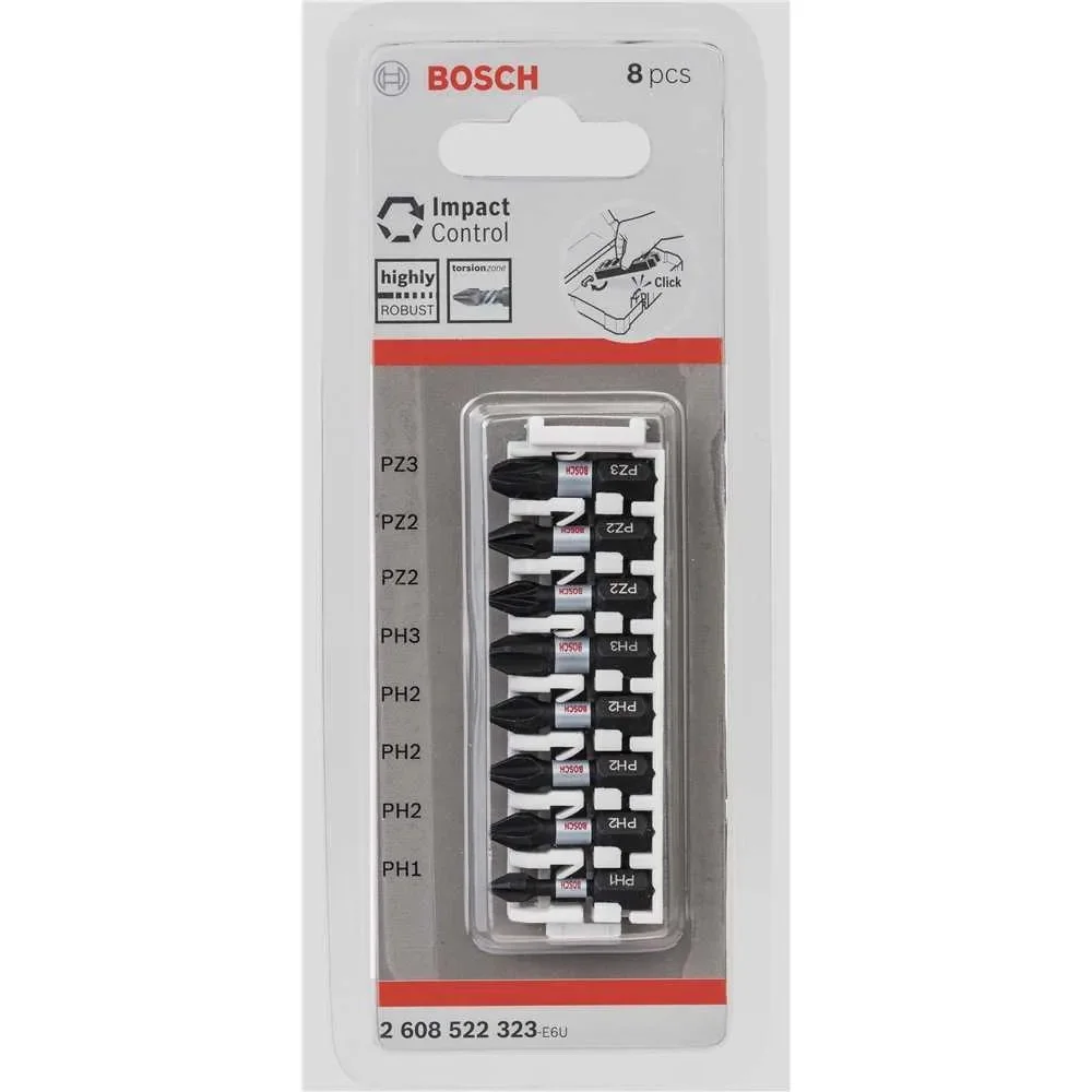Jogo Ponta Phillips e Pozidriv 8 Pecas Impact Conrol 5 Phillips 3 Pozidriv 1/4X25MM Bosch 2608522323