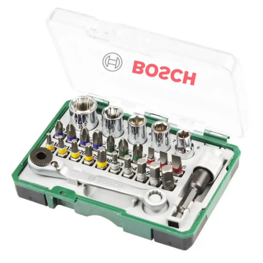 Jogo Pontas para Parafusar 27 Pecas Fenda Phillips Soquetes Outros e Chave Catraca 1/4" Bosch 2607017160