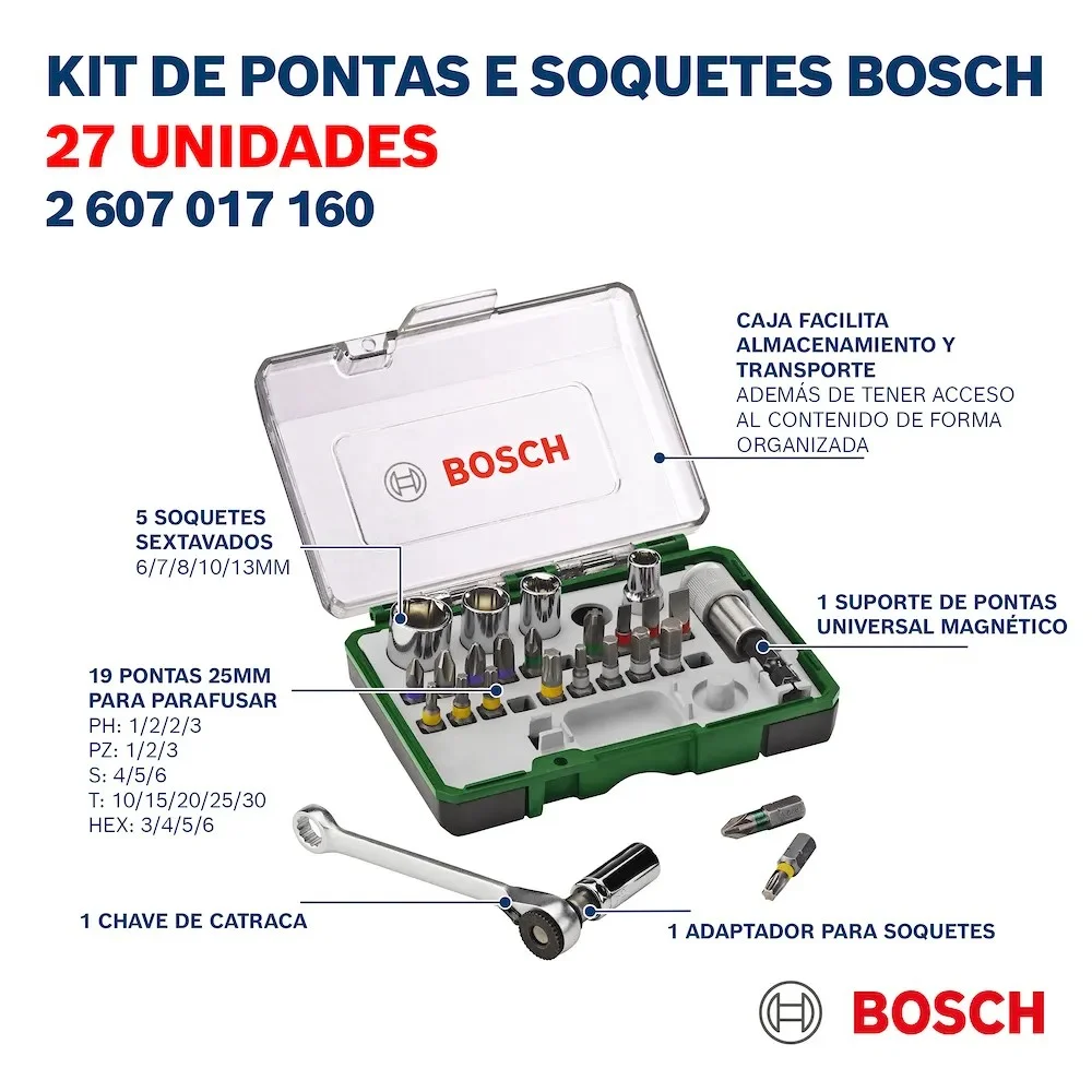 Jogo Pontas para Parafusar 27 Pecas Fenda Phillips Soquetes Outros e Chave Catraca 1/4" Bosch 2607017160