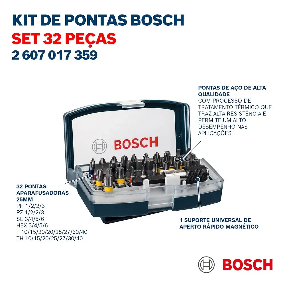 Jogo Pontas para Parafusar 32 Pecas Fenda Philips Torx e Outros 1/4" Bosch 2607017359