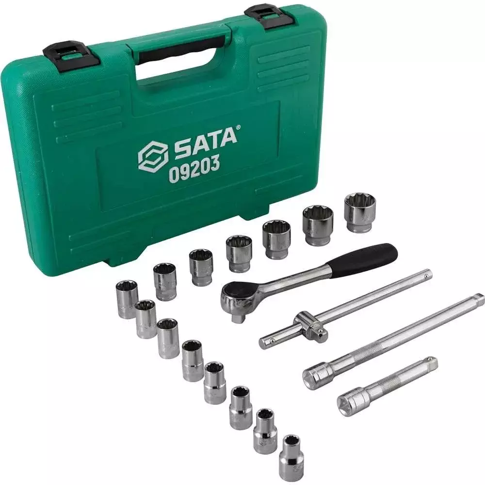 Jogo Soquete 1/2" Estriado 18pcs 14 Soquetes 4 Acessorios CRV 10 A 32MM Sata ST09203SJ