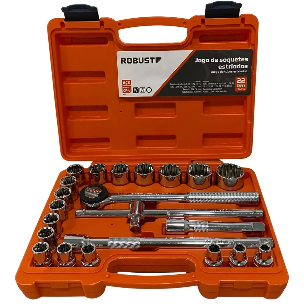 Jogo Soquete 1/2" Estriado 22pcs 18 Soquetes 4 Acessorios CRV 8A32MM Robust D26-22AM