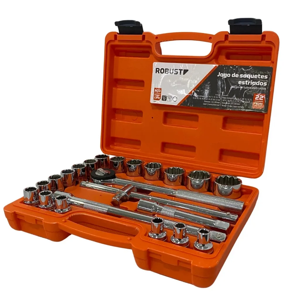 Jogo Soquete 1/2" Estriado 22pcs 18 Soquetes 4 Acessorios CRV 8A32MM Robust D26-22AM