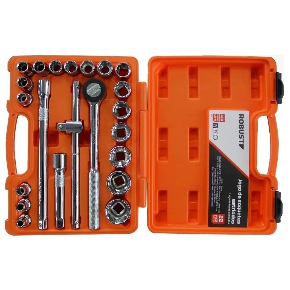 Jogo Soquete 1/2" Estriado 22pcs 18 Soquetes 4 Acessorios CRV 8A32MM Robust D26-22AM