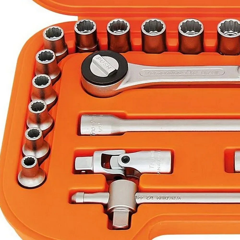 Jogo Soquete 1/2" Estriado 23pcs 18 Soquetes 5 Acessorios 8 A 32MM Tramontina Pro 44833/222