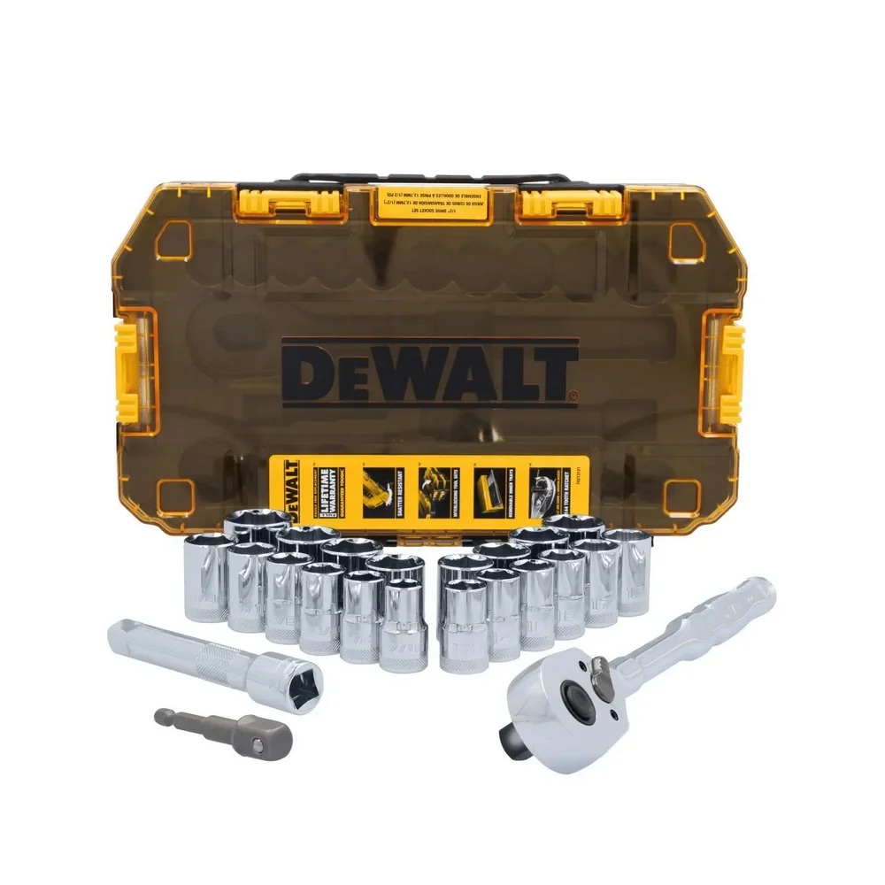 Jogo Soquete 1/2" Sextavado 23pcs 20 Soquetes e 3 Acessorios CRV 13MM A 1" Dewalt DWMT45414