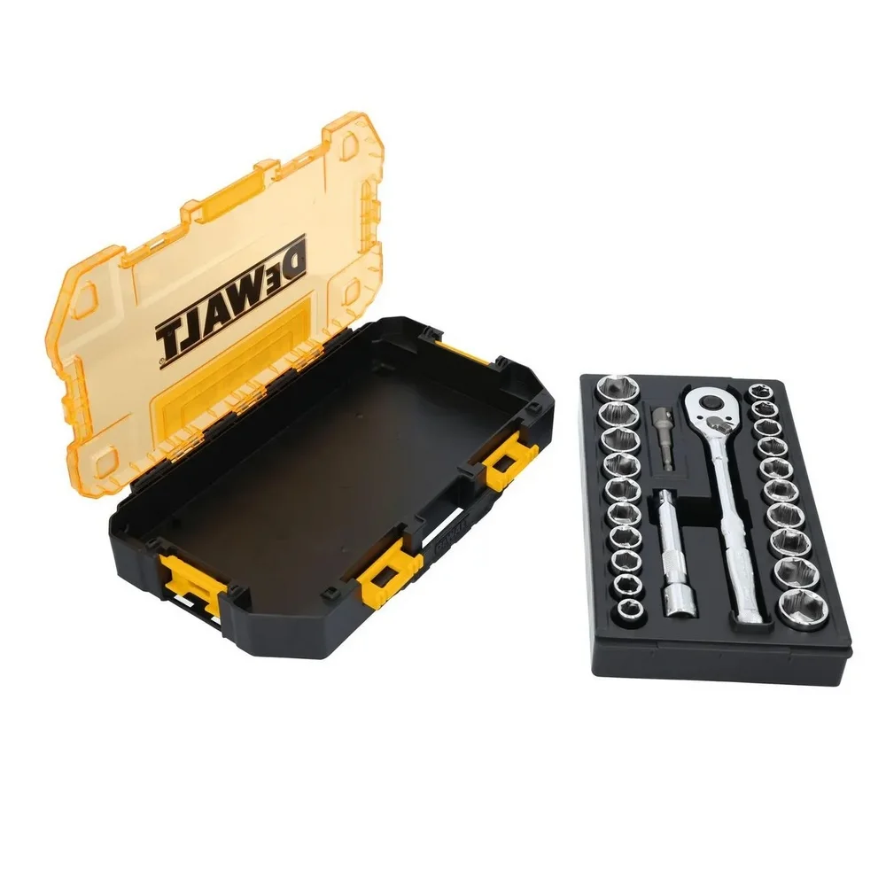 Jogo Soquete 1/2" Sextavado 23pcs 20 Soquetes e 3 Acessorios CRV 13MM A 1" Dewalt DWMT45414