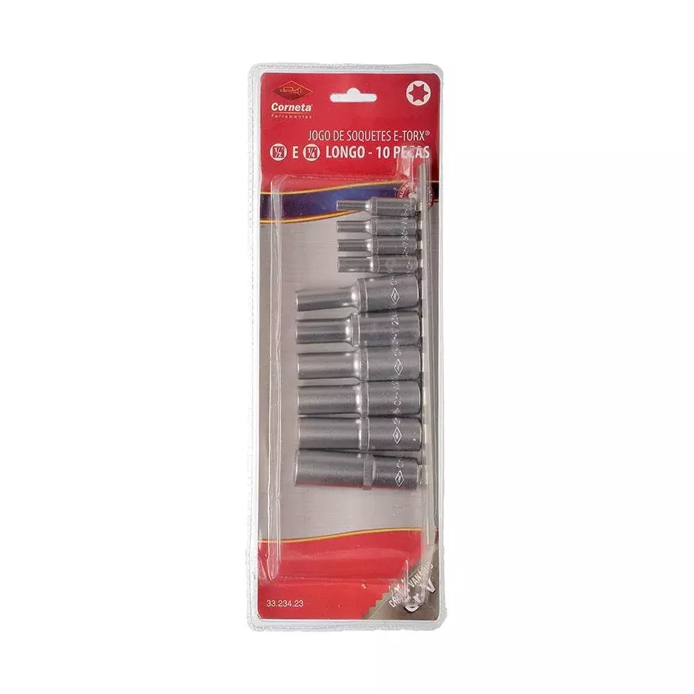 Jogo Soquete 1/4"-1/2" E-Torx 10pcs CRV E4-E20 Corneta 3323423