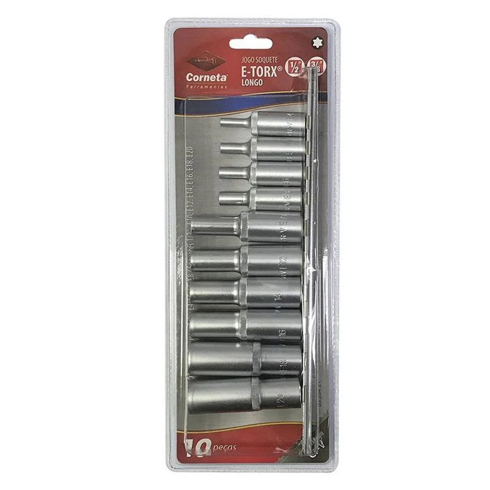 Jogo Soquete 3/8"-1/2" E-Torx Longo 10pcs CRV E4-E20 Corneta 3323421