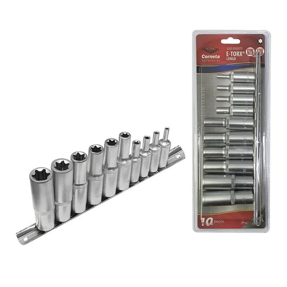 Jogo Soquete 3/8"-1/2" E-Torx Longo 10pcs CRV E4-E20 Corneta 3323421