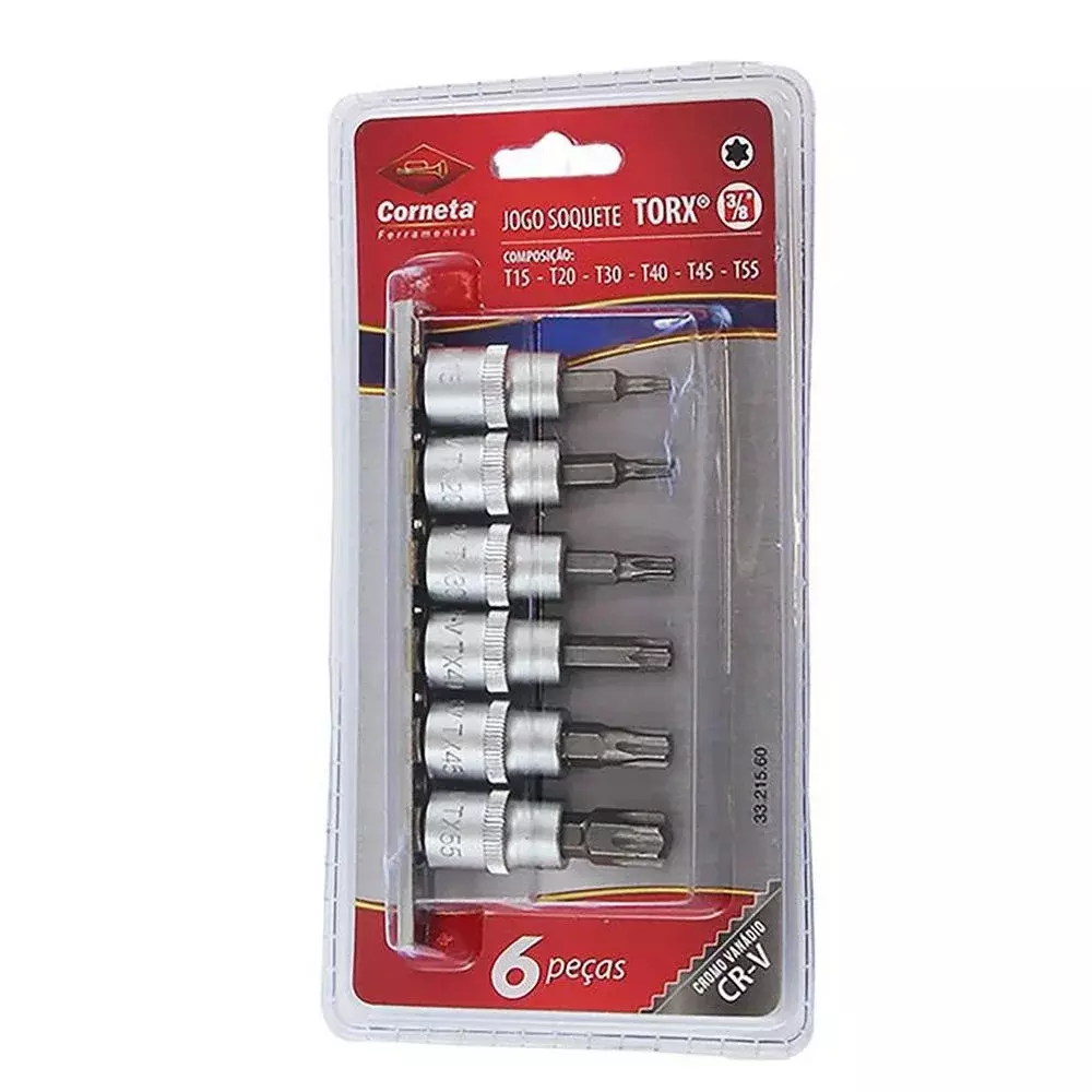 Jogo Soquete 3/8" Ponta Torx 6pcs CRV T15-T55 Corneta 3321560