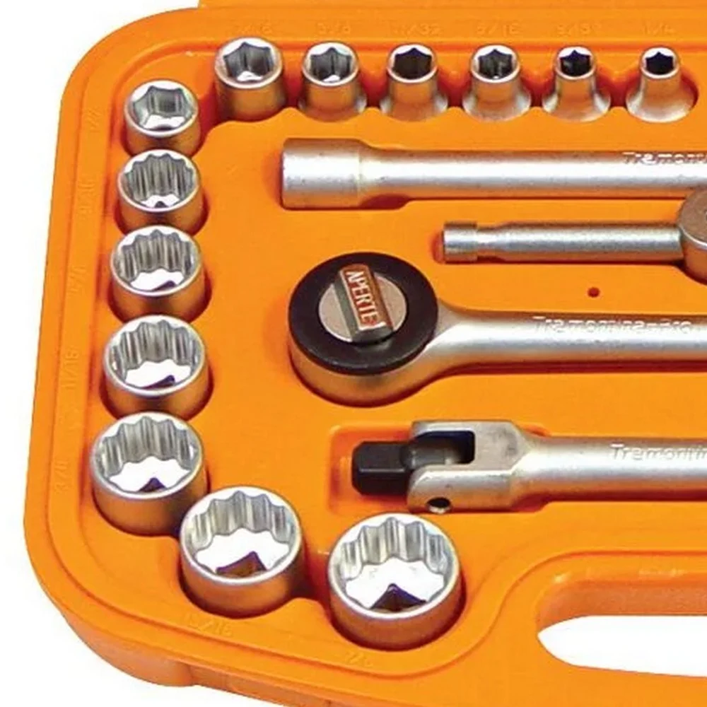 Jogo Soquete 3/8" Sextavao/Estriado 33pcs 28 Soquetes 5 Acessorios CRV 6A22MM 1/4"A7/8 Tramontina Pro 44819/233