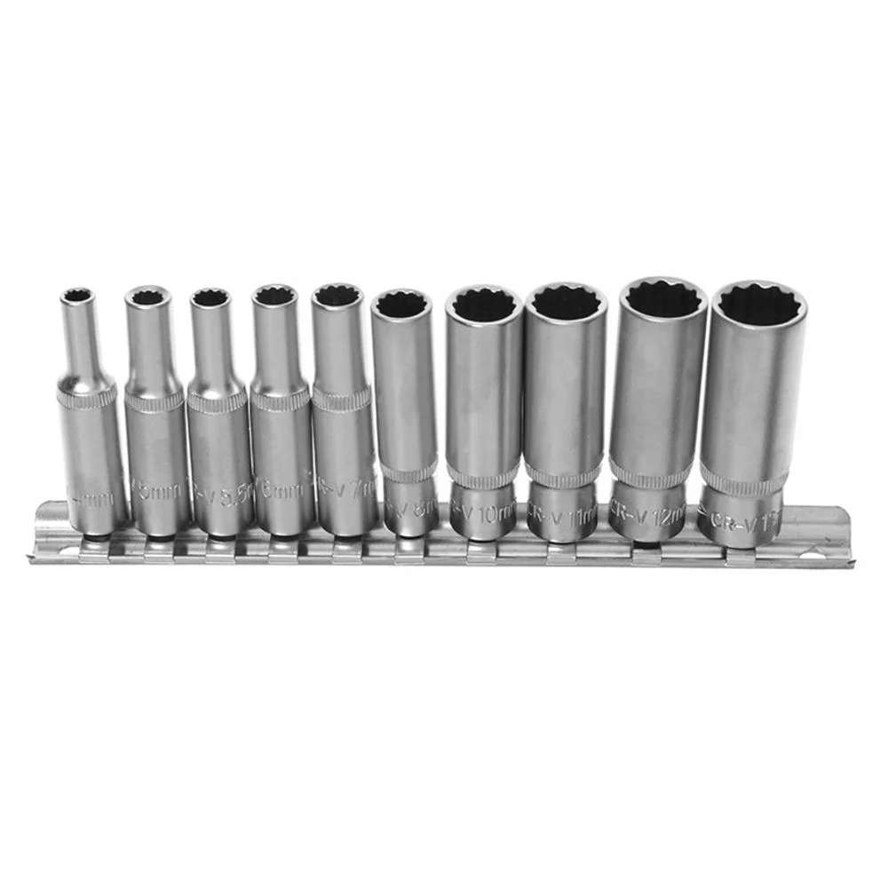 Jogo Soquete Estriado Longo 1/4" 10pcs CRV 4-13MM Corneta 3310651