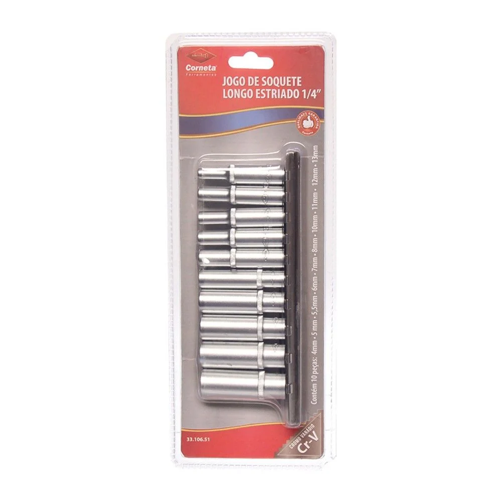 Jogo Soquete Estriado Longo 1/4" 10pcs CRV 4-13MM Corneta 3310651