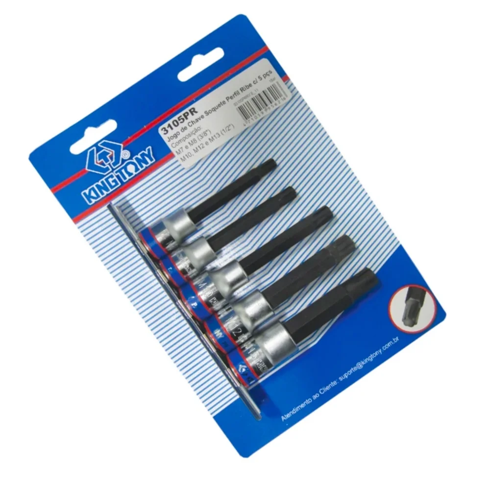 Jogo Soquete Ponta Ribe Longo 5pcs Encaixe 3/8" e 1/2" M7 A M13 King Tony 3105PR