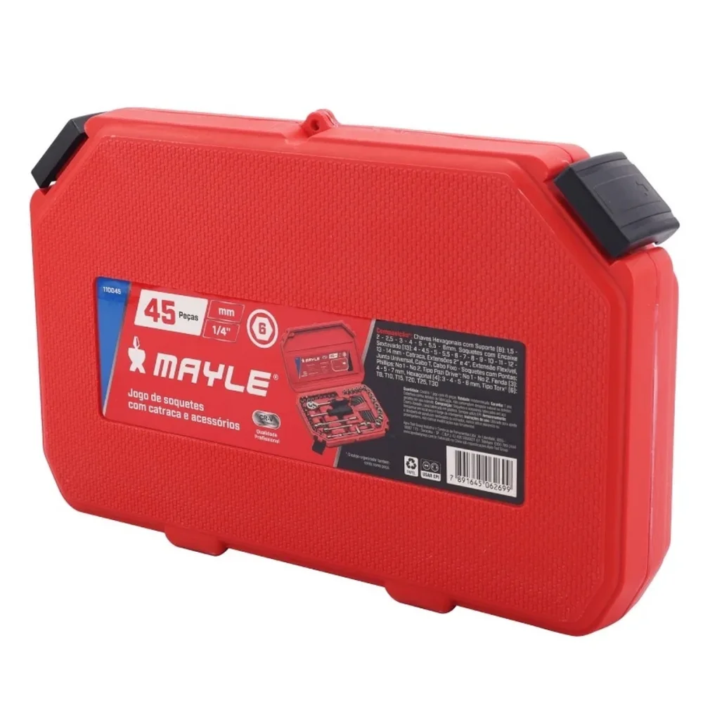 Jogo Soquete Sextavado 1/4" 45pcs CRV 4-14MM Mayle 110045