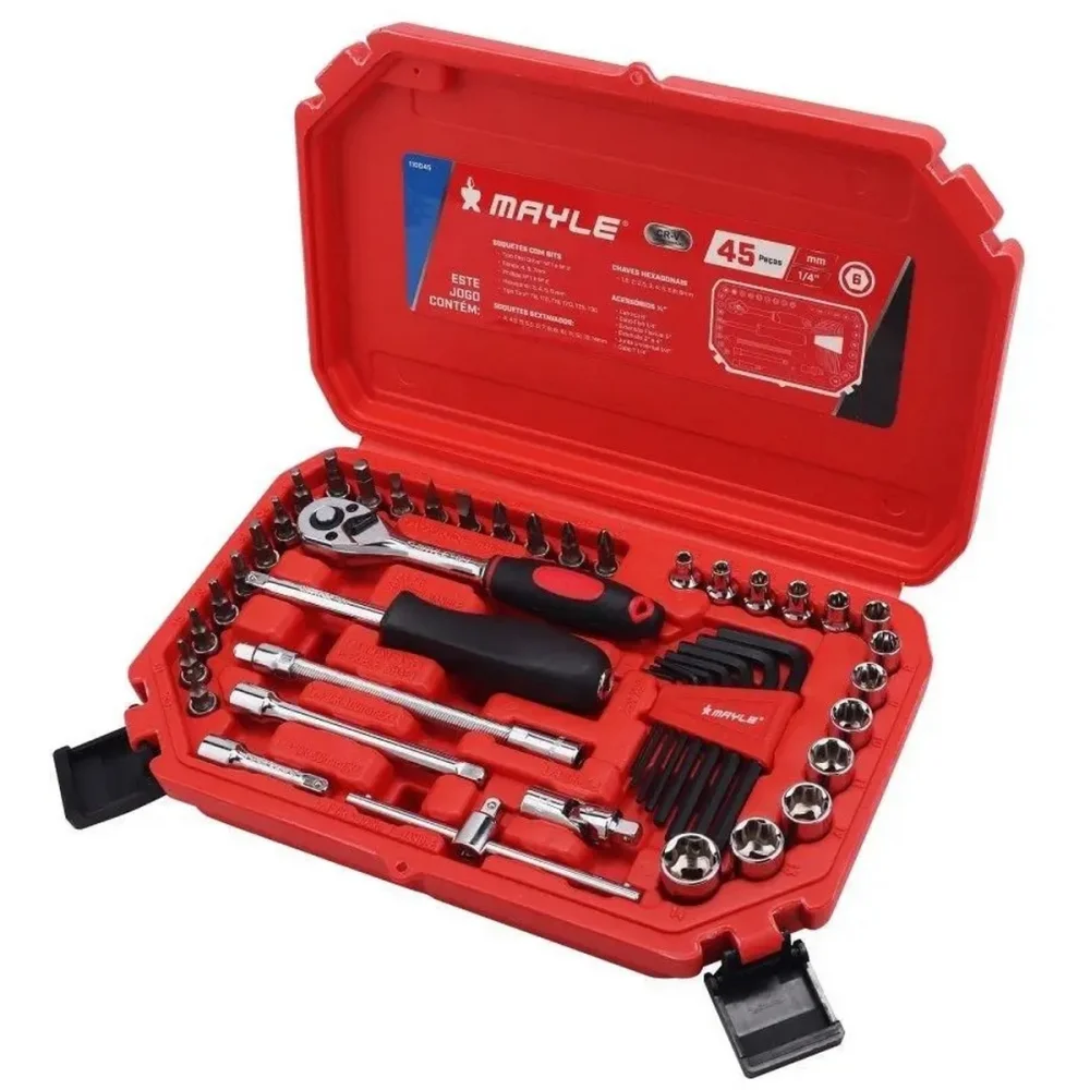 Jogo Soquete Sextavado 1/4" 45pcs CRV 4-14MM Mayle 110045