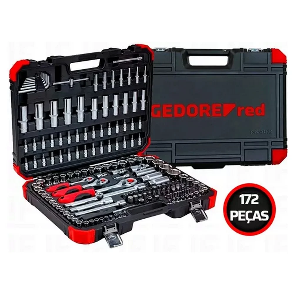 Jogo Soquete Sextavado e Acessorios 172pcs Encaixe 1/4" 3/8" e 1/2" CRV 10 A 32MM Gedore Red R45603172