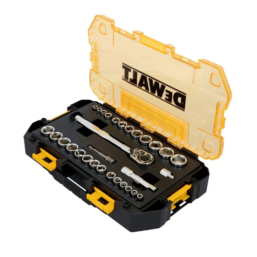 Jogo Soquete Sextavado e Acessorios 30pcs Encaixe 1/4" e 3/8" CRV 6MM-7/8" Dewalt DWMT45412