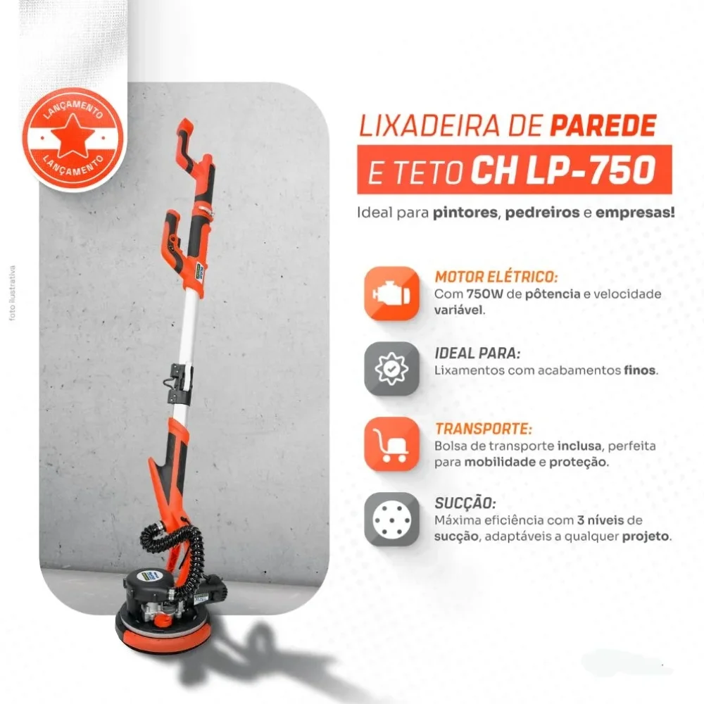 Lixadeira de Parede e Teto Telescopica com LED e Recolhedor 9" 110V 750W Chiaperini CH LP-750