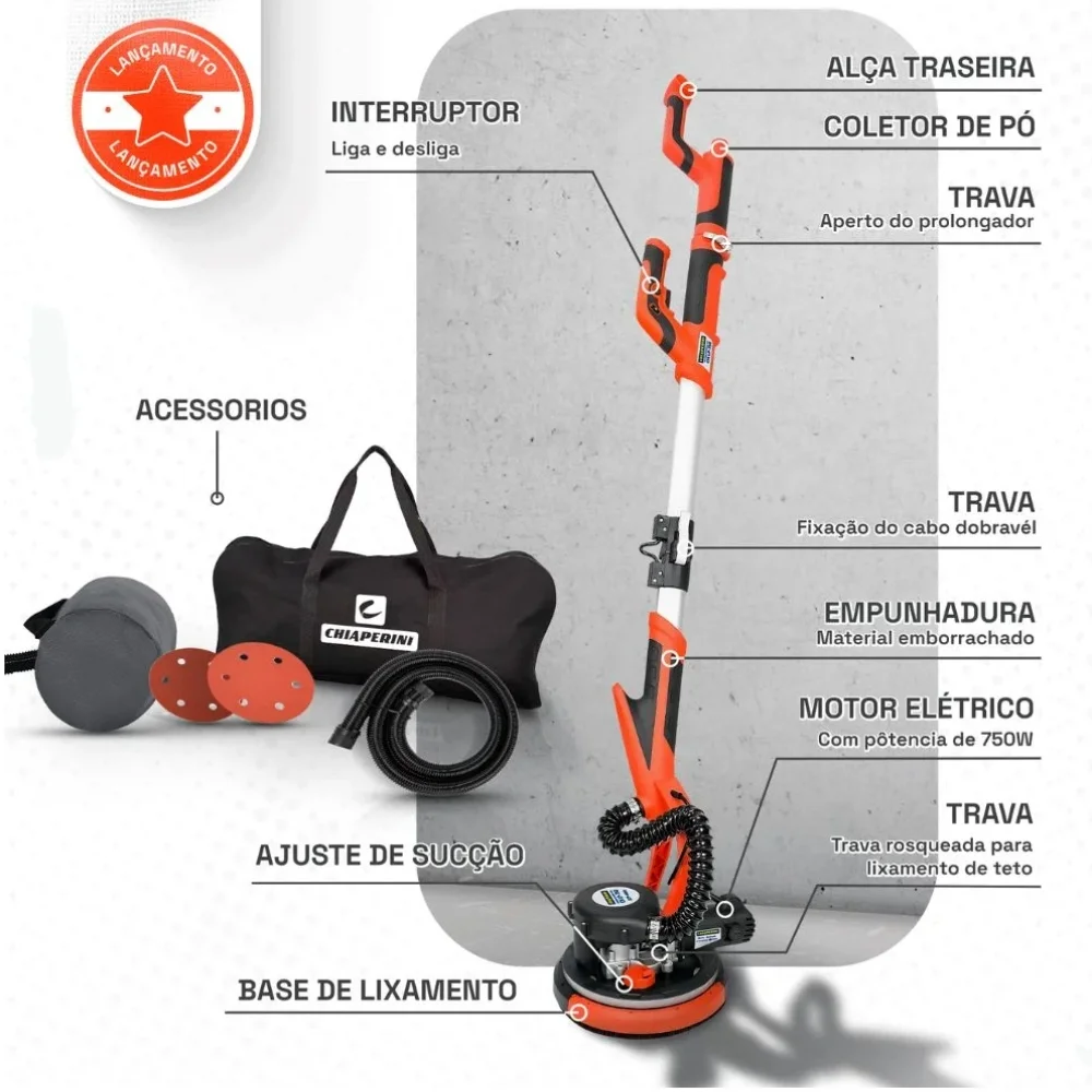 Lixadeira de Parede e Teto Telescopica com LED e Recolhedor 9" 110V 750W Chiaperini CH LP-750