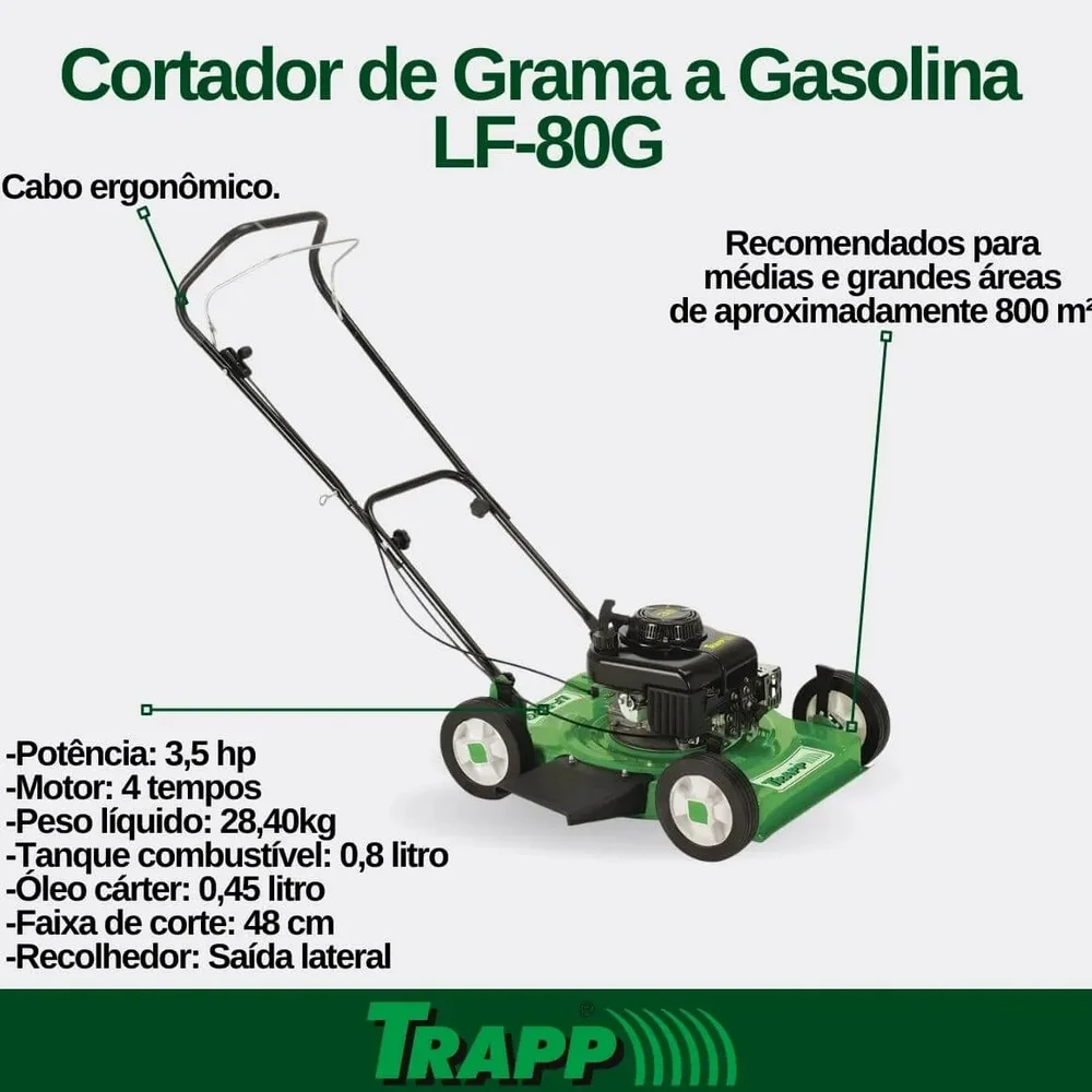 Maquina de Cortar Grama a Gasolina Sem Recolhedor Corte 48CM Motor 4T 3,5HP Trapp LF 80G