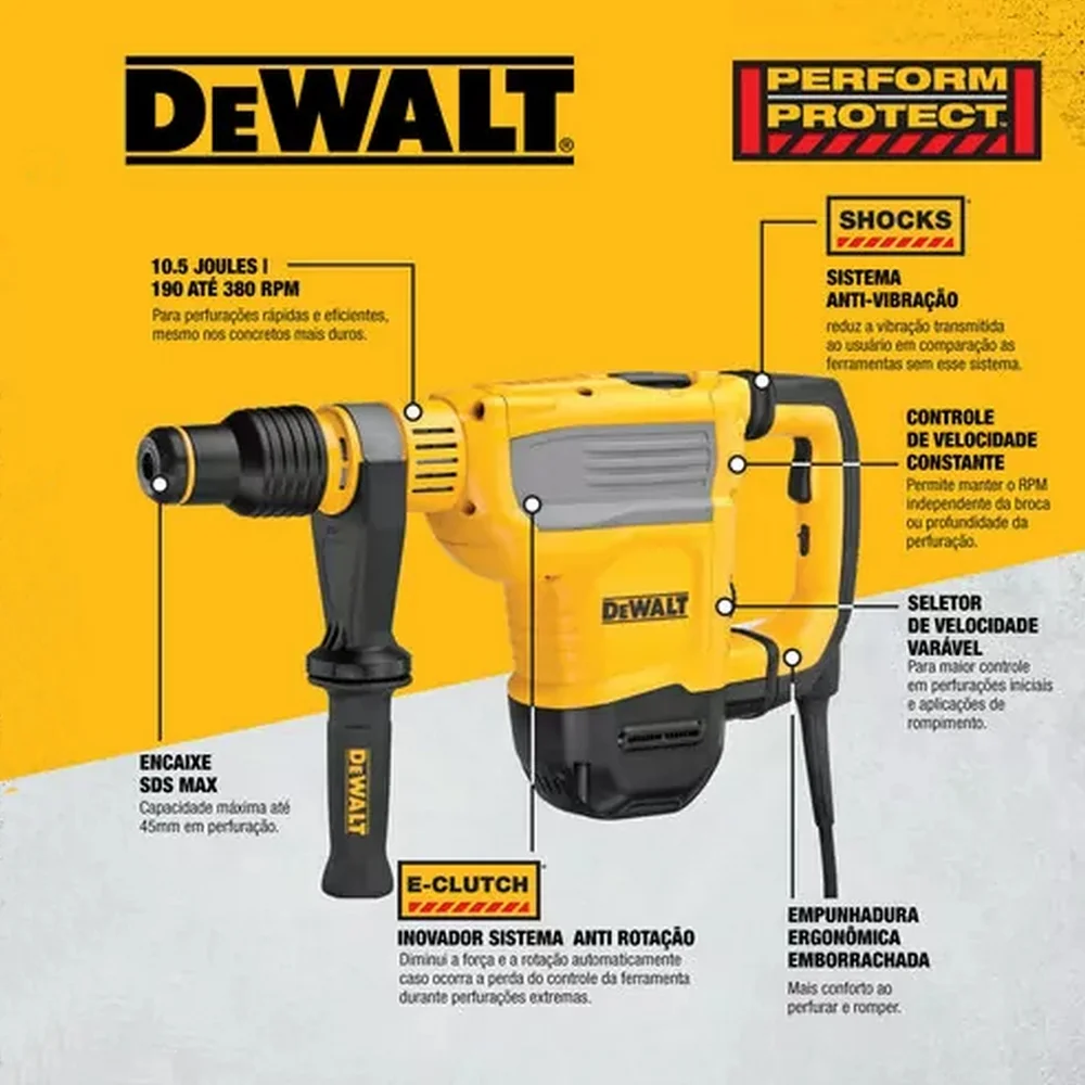 Martelete Perfurador Rompedor 7,8KG SDS-MAX com Maleta 45MM-10,5J 220V 1350W Dewalt D25614K-B2
