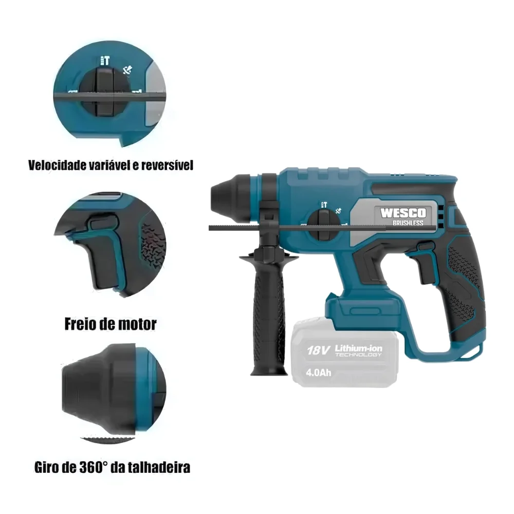 Martelete Perfurador Rompedor Bateria 18V Brushless SDS-Plus Sem Carregador e Bateria 22MM Wesco WS2806.9