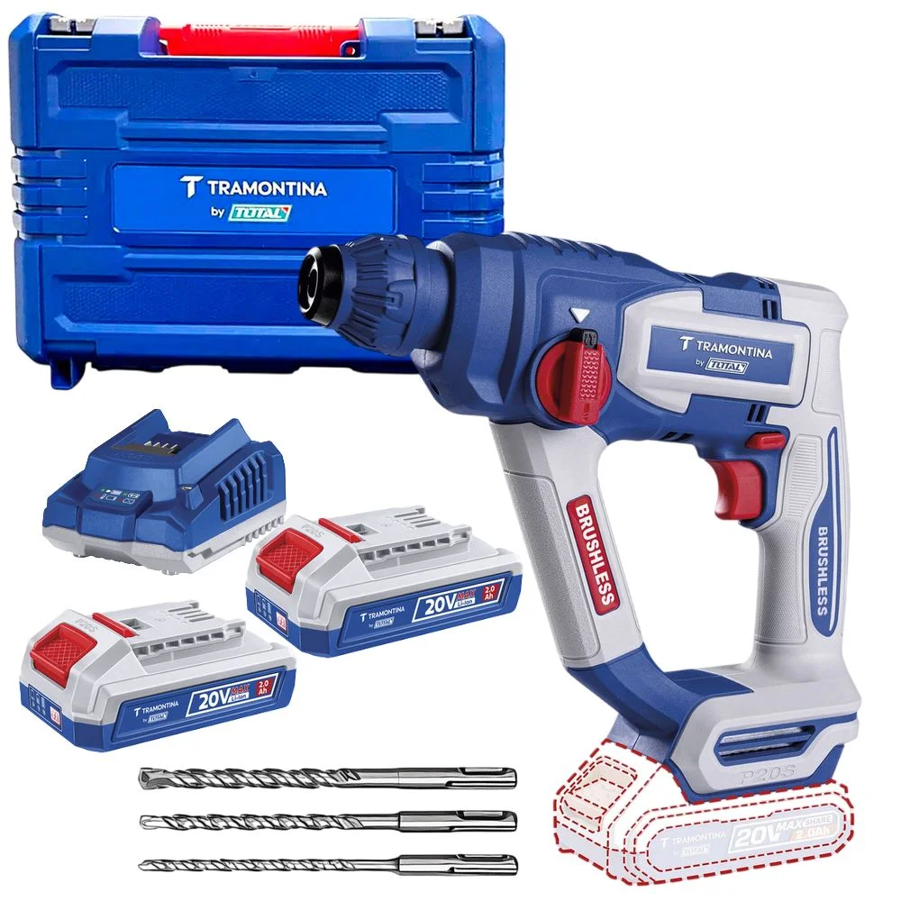 Martelete Perfurador Rompedor Bateria 20V Brushless SDS-Plus Maleta Carregador 2 Baterias 18MM Bivolt Tramontina by Total 42305/122