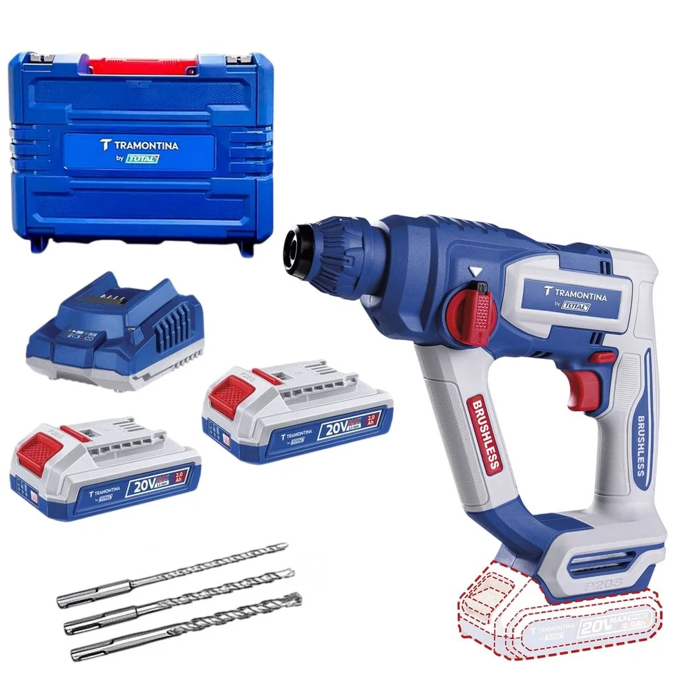 Martelete Perfurador Rompedor Bateria 20V Brushless SDS-Plus Maleta Carregador 2 Baterias 18MM Bivolt Tramontina Tota 42305/122