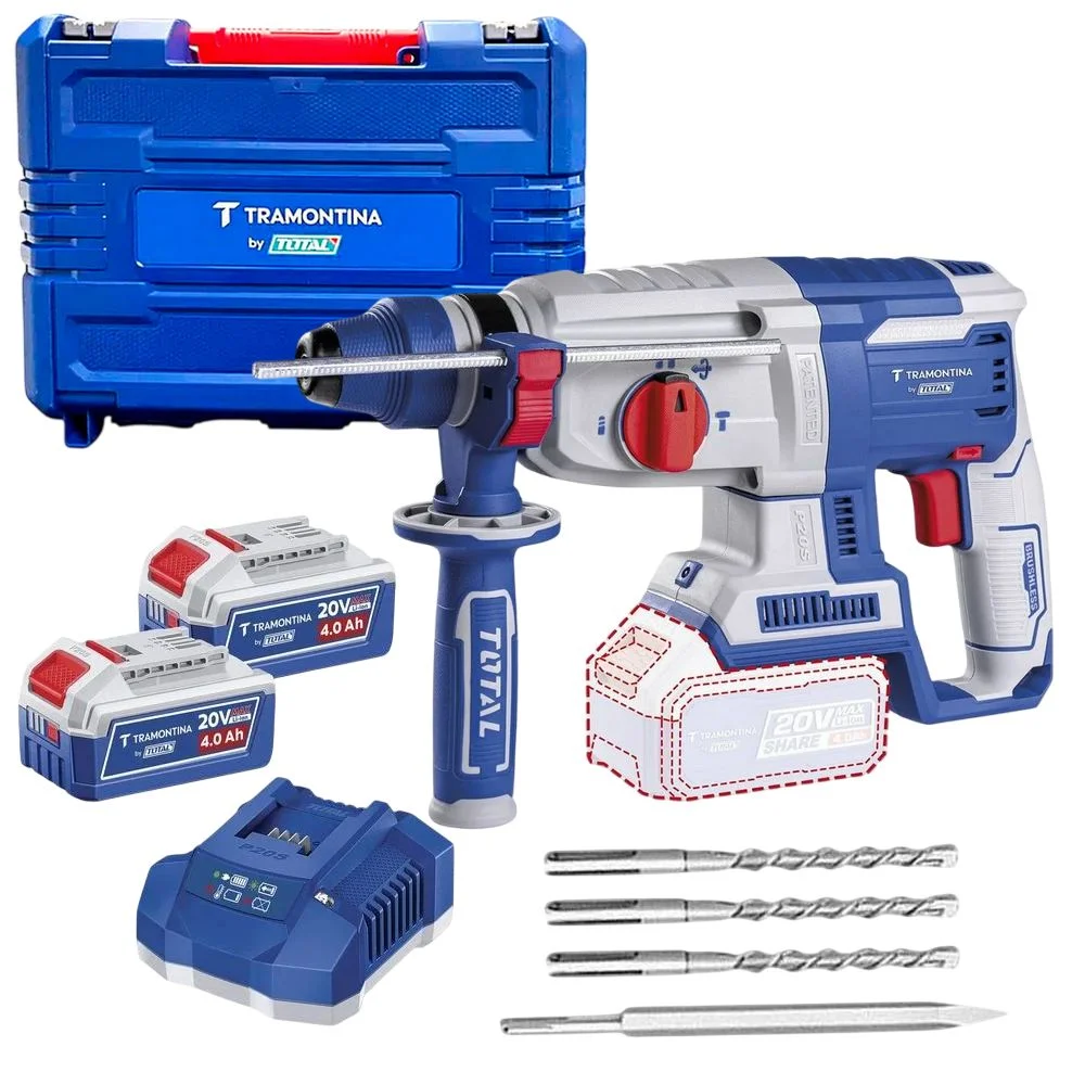 Martelete Perfurador Rompedor Bateria 20V Brushless SDS-Plus Maleta Carregador 2 Baterias 26MM Bivolt Tramontina by Total 42305/204