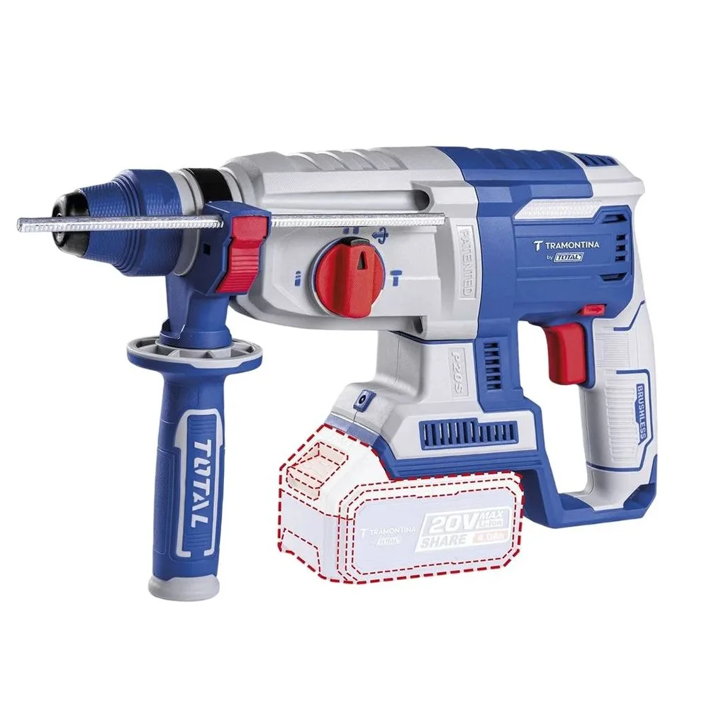 Martelete Perfurador Rompedor Bateria 20V Brushless SDS-Plus Maleta Carregador 2 Baterias 26MM Bivolt Tramontina by Total 42305/204