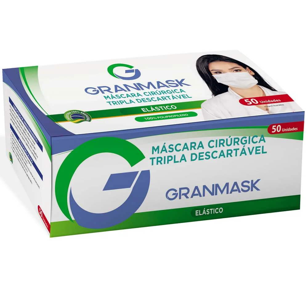 Mascara Cirurgica Descartavel Branca Tripla Camada Protecao - Caixa 50 Unidades Granmask