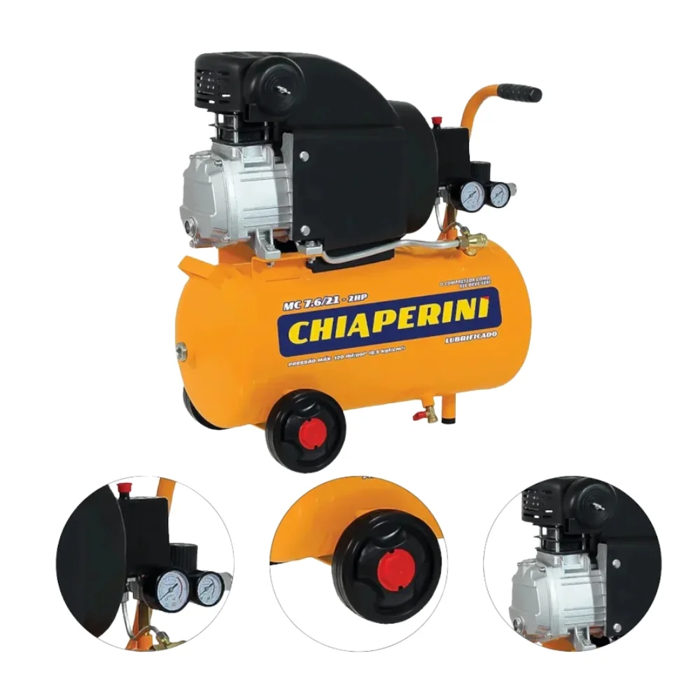 Motocompressor de Ar 2HP 21 Litros 120 Libras com Rodizio 7,6PCM 110V Chiaperini MC7,6/21L