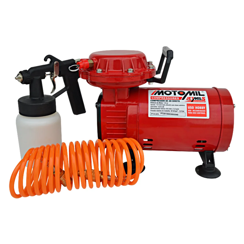 Motocompressor de Ar Direto 1/3HP 40 Libras com Pistola e Mangueira 2,3PCM Bivolt Motomil JETMIL-S
