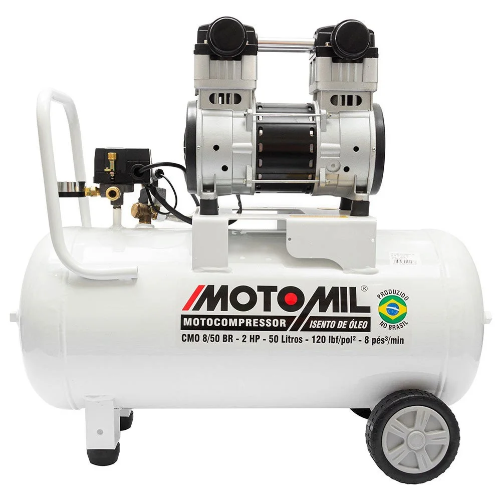 Motocompressor de Ar Odontologico Sem Oleo 2HP 50 Litros 120 Libras com Rodizio 8PCM 220V Motomil CMO 8/50BR