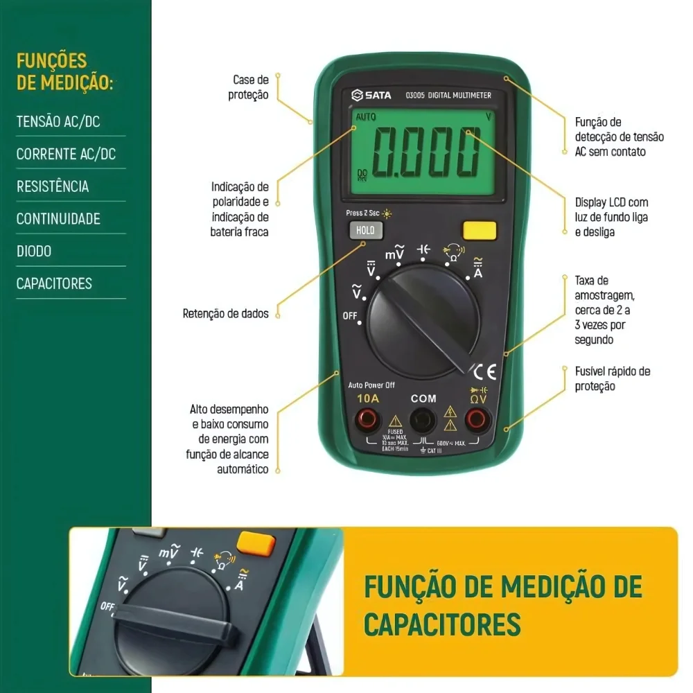 Multimetro Digital 1000V CAT.III AC/DC 10A Sata ST03005