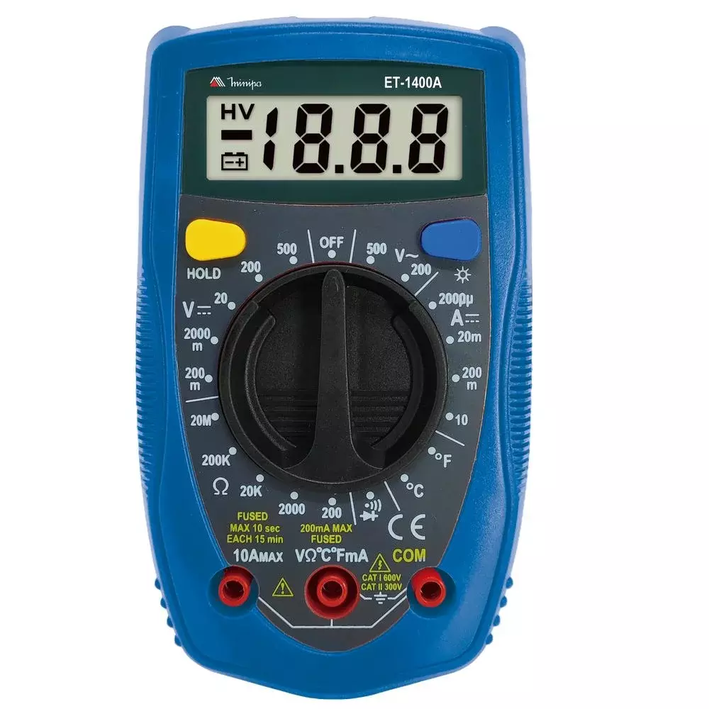 Multimetro Digital 500V AC/DC CAT.II 300V 10A-20M OHMS Minipa ET-1400A