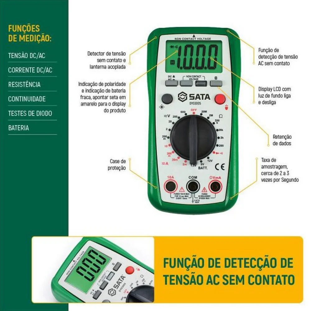 Multimetro Digital Com Medicao Sem Contato AC/DC 600V CAT.II 10A Sata STDY03005
