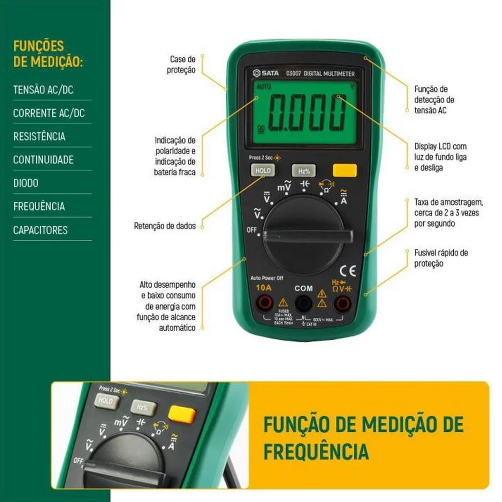 Multimetro Digital Medicao de Frequencia 600V CAT.III AC/DC 10A Sata ST03007