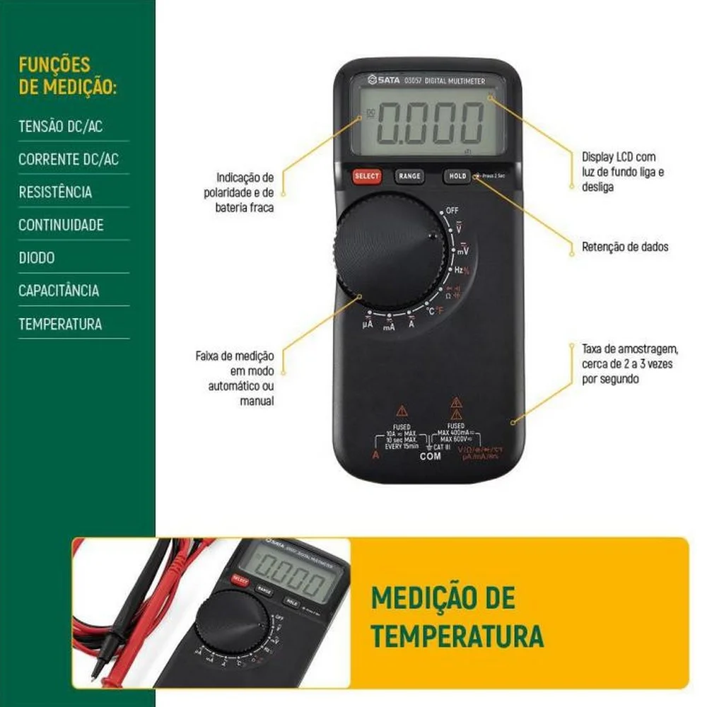 Multimetro Digital Classico Com Medicao de Temperatura 600V CAT.III AC/DC 10A Sata ST03057