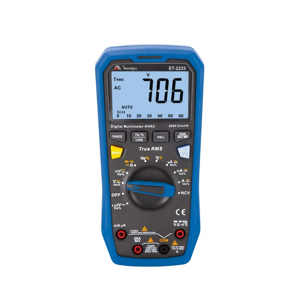 Multimetro Digital True Rms 1000V AC/DC CAT.III 20A-60M OHMS Minipa ET-2233