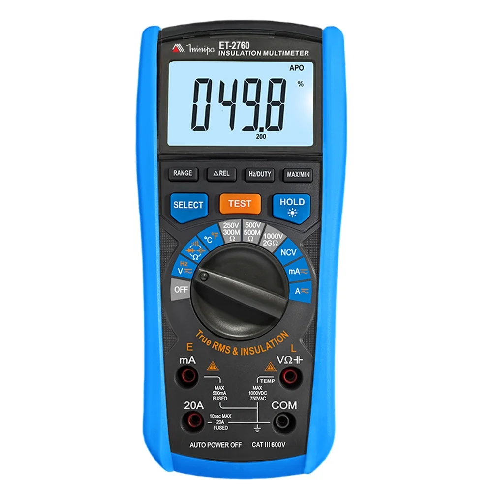 Multimetro Megometro Digital True RMS AC 750V AC 1000V DC CAT.III 600V 20A-60M OHMS Minipa ET-2760