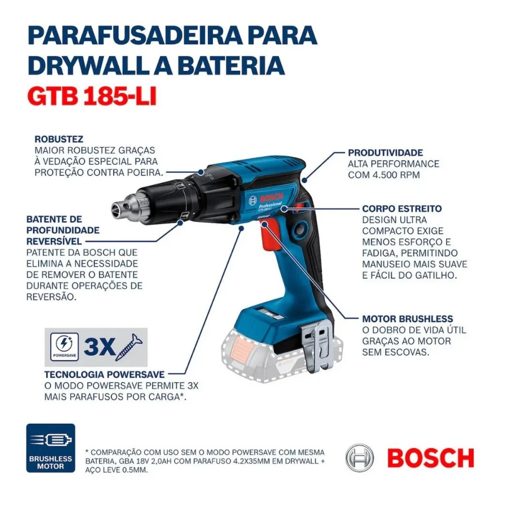 Parafusadeira a Bateria 18V Gesso e Drywall Brushless Sem Carregador e Bateria 1/4" Bosch GTB 185-LI