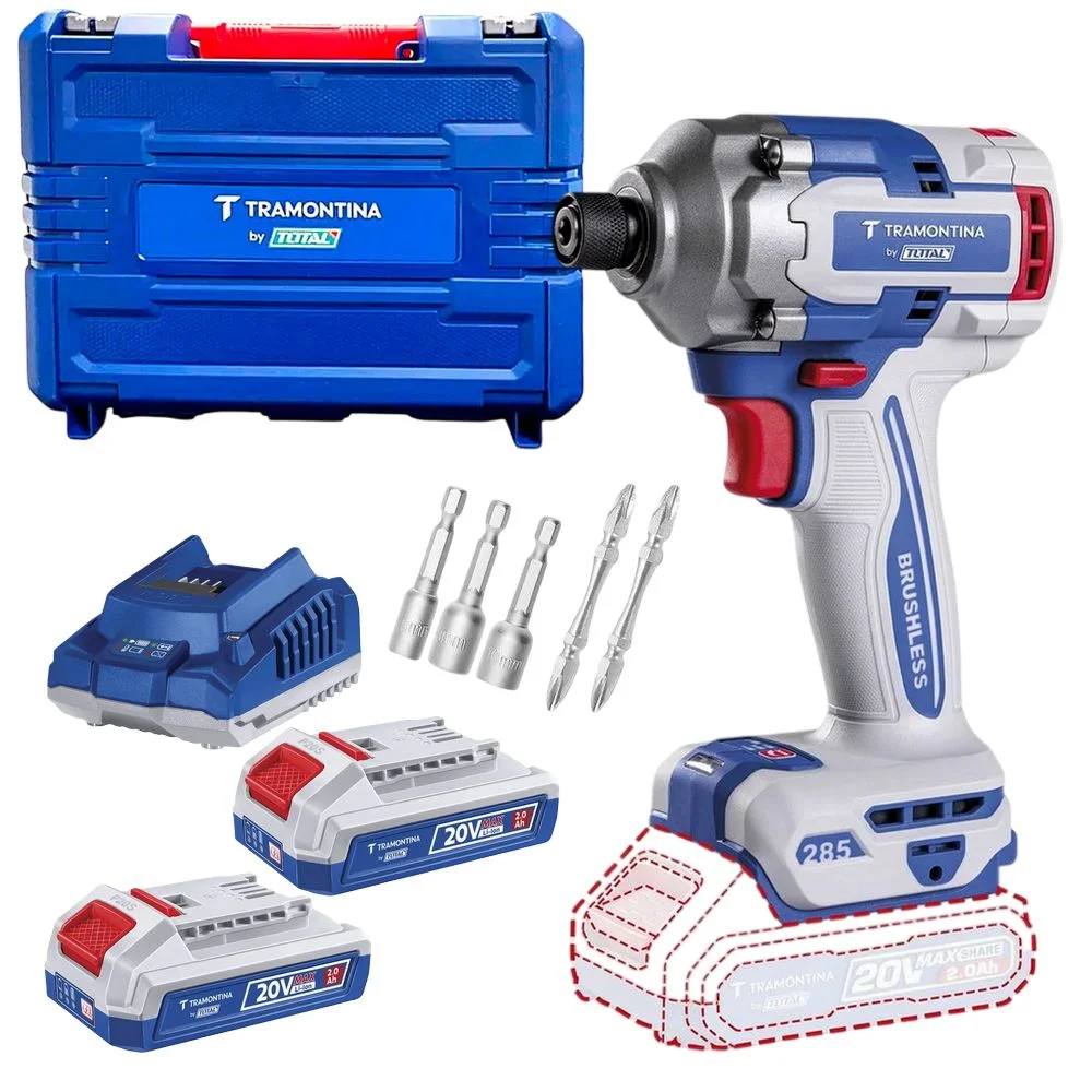 Parafusadeira de Impacto a Bateria 20V Brushless 285NM Maleta Carregador e 2 Baterias 2AH 1/4" Bivolt Tramontina by Total 42302/122