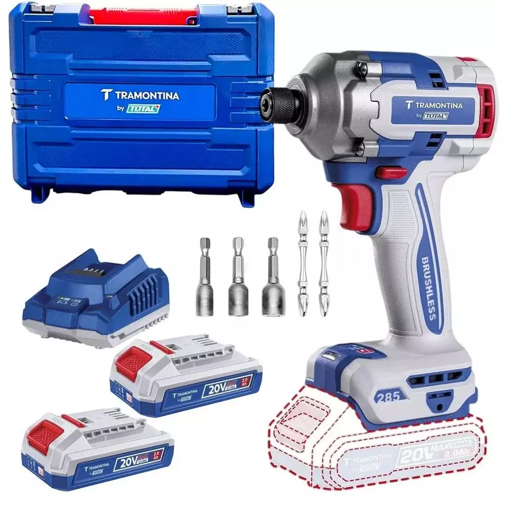 Parafusadeira de Impacto a Bateria 20V Brushless 285NM Maleta Carregador e 2 Baterias 2AH 1/4" Bivolt Tramontina by Total 42302/122