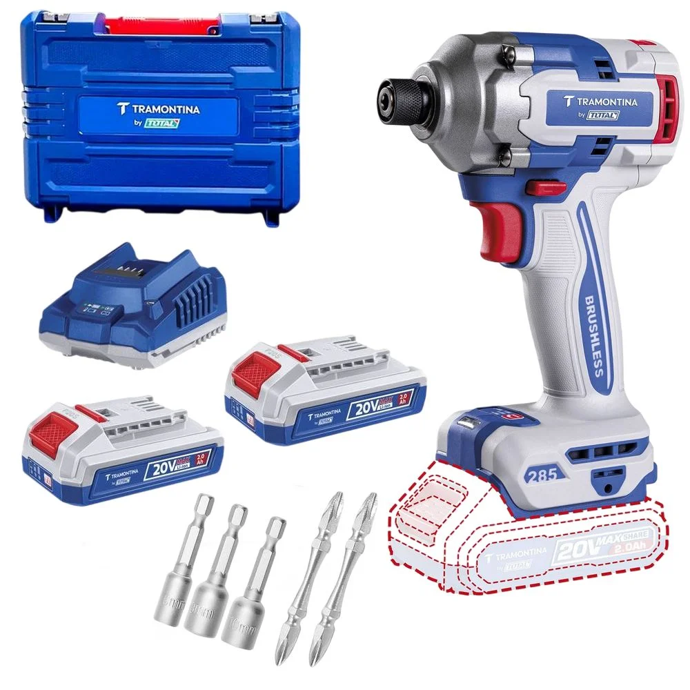 Parafusadeira de Impacto a Bateria 20V Brushless 285NM Maleta Carregador e 2 Baterias 2AH 1/4" Bivolt Tramontina Tota 42302/122