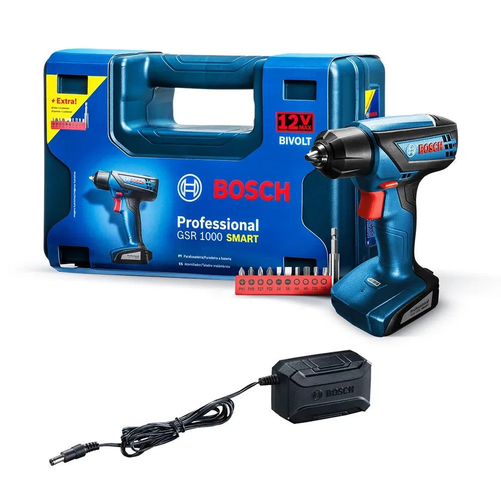Parafusadeira Furadeira a Bateria 12V Maleta Carregador 1 Bateria 1,5AH e 33 Acessorios 1/4" Bivolt Bosch GSR 1000 SMART