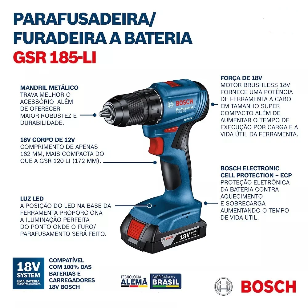Parafusadeira Furadeira a Bateria 18V Brushless com Maleta Carregador e 2 Baterias 2AH 1/2" Bivolt Bosch GSR 185-LI