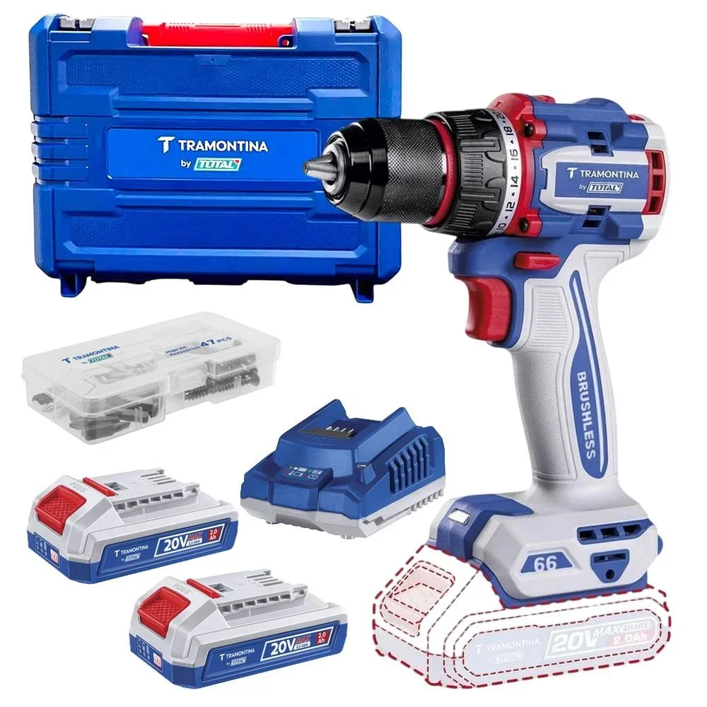 Parafusadeira Furadeira a Bateria 20V Brushless Maleta Carregador 2 Baterias 2AH 1/2" Bivolt Tramontina by Total 42301/123